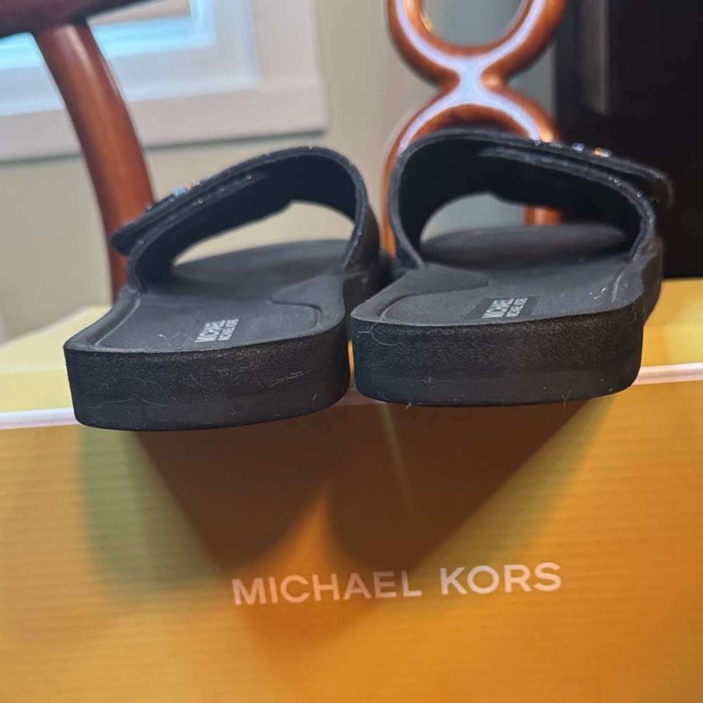 EUC Michael Kors Glitter Black Slides Velcro Closure Size 8 MK Charm  Branding - Picture 7 of 14
